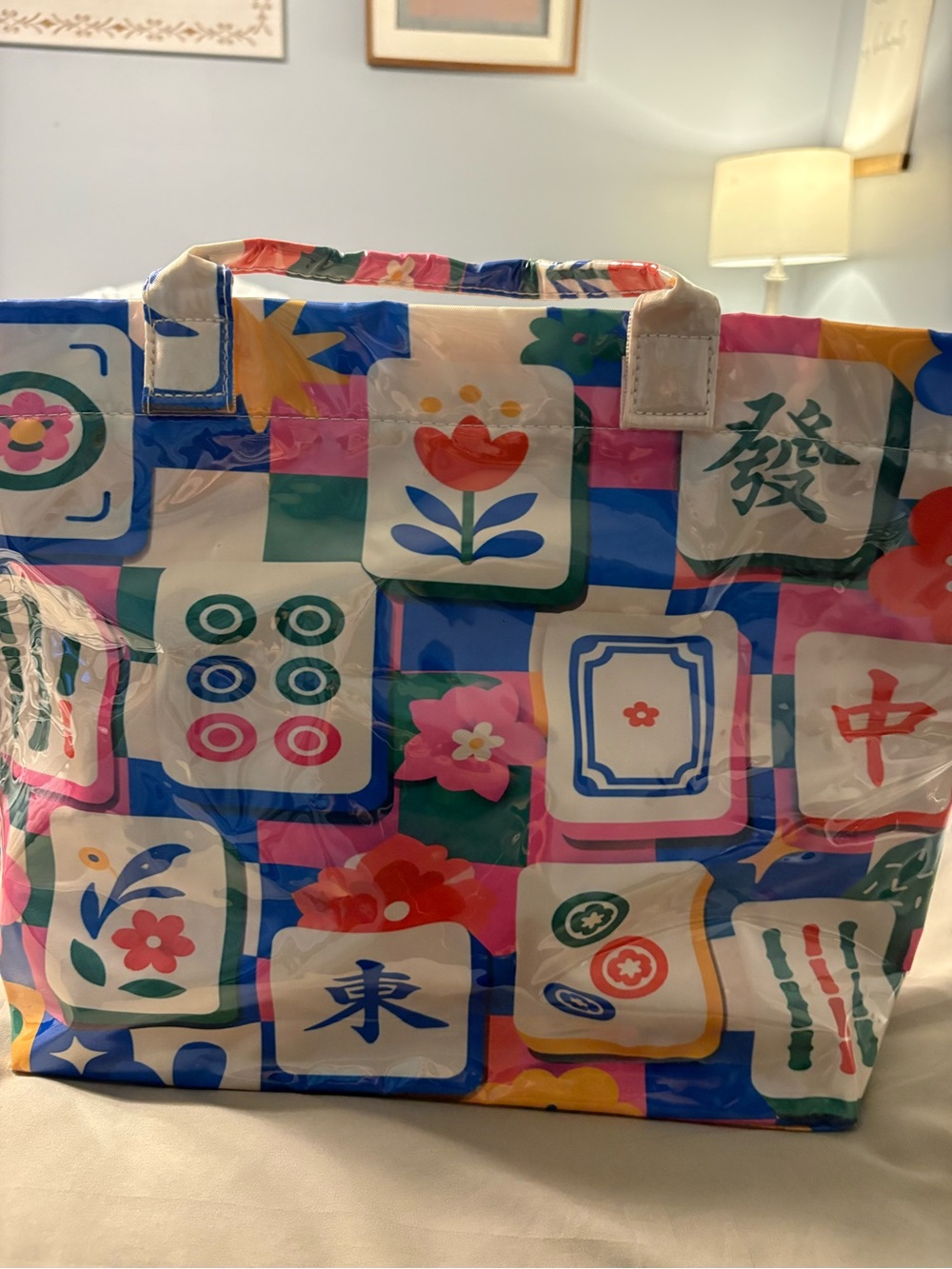 Boutique Mahjong Tile & Floral Print Clear Vinyl Tote Bag - 17" x 14"
